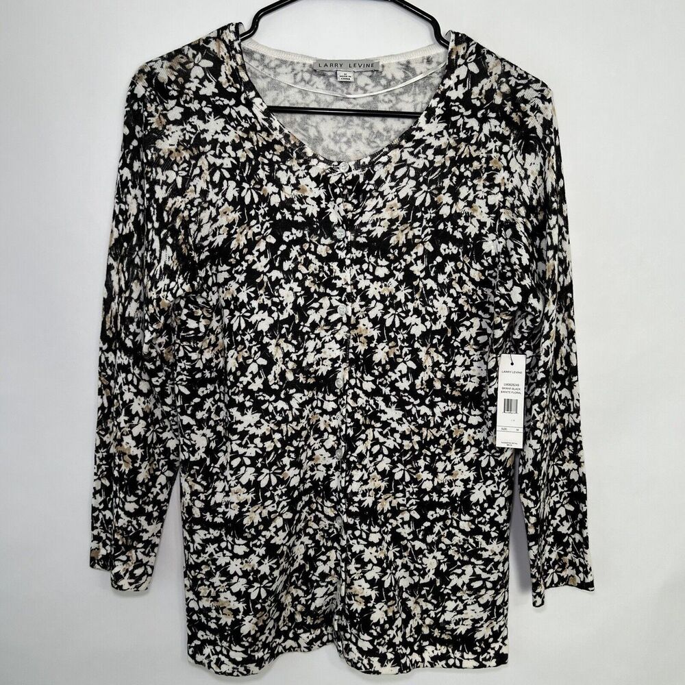 Larry Lavine Tight Knit Cardigan Sweater Womens Size Medium Black White Floral